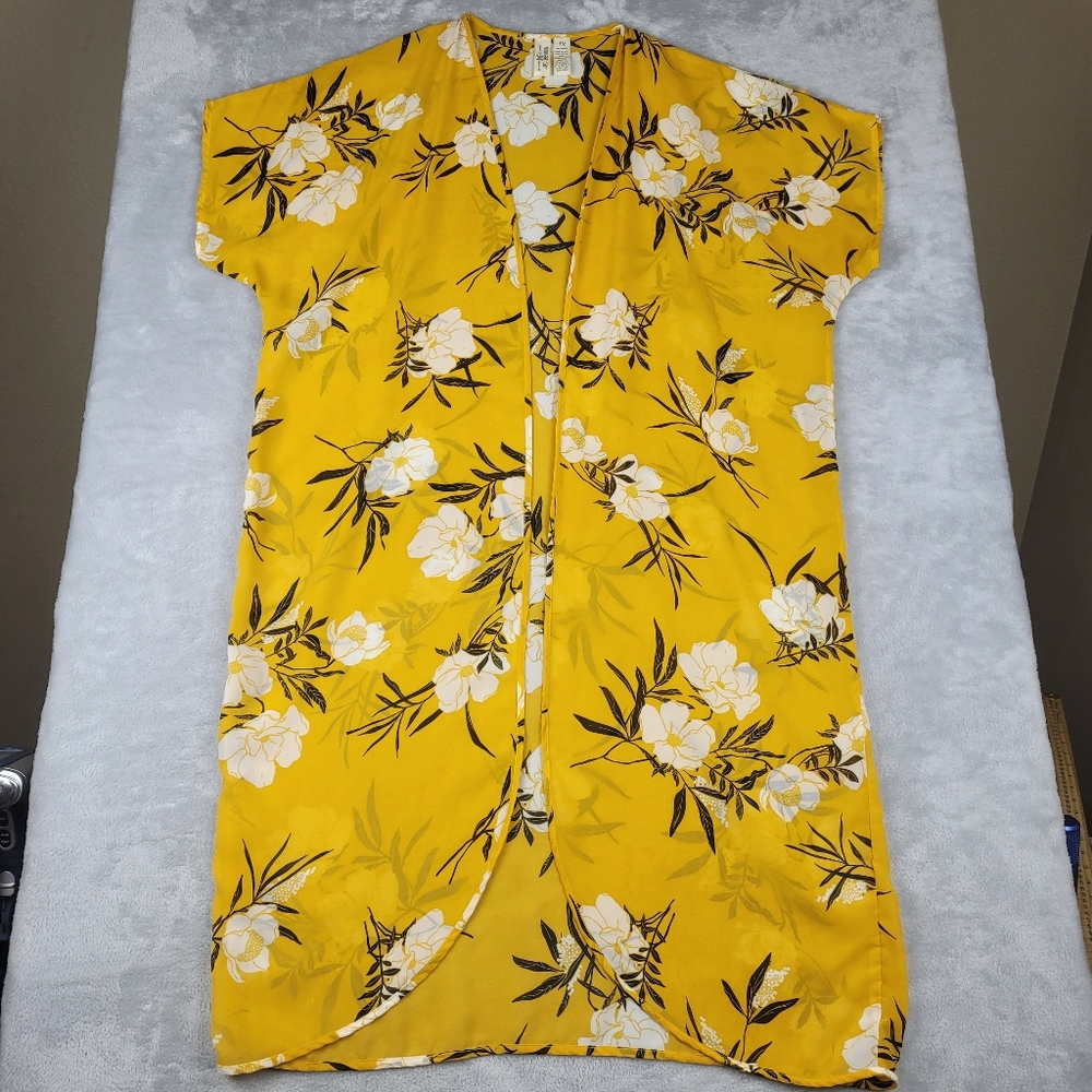 Midnight Sky Kimono Cardigan Womens Size 1X Yellow Floral Chiffon Midi Duster
